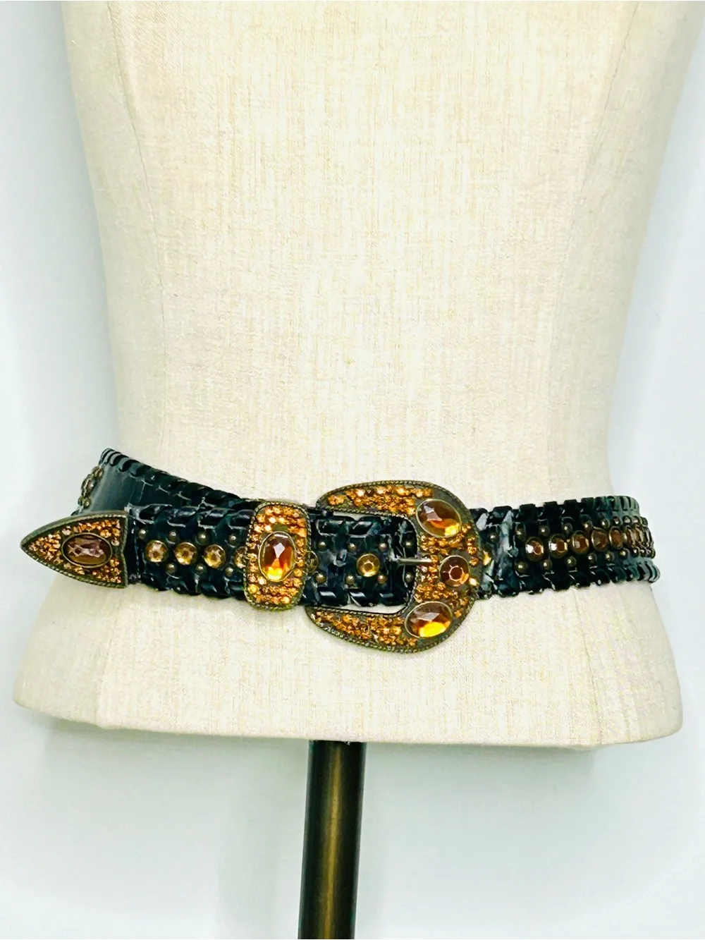Western Rhinestone Whipstitch Belt with Orange Stones and Black Faux Leather